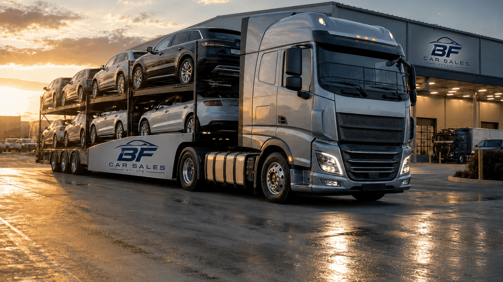 BF CAR SALES car carrier truck loaded with vehicles at sunrise